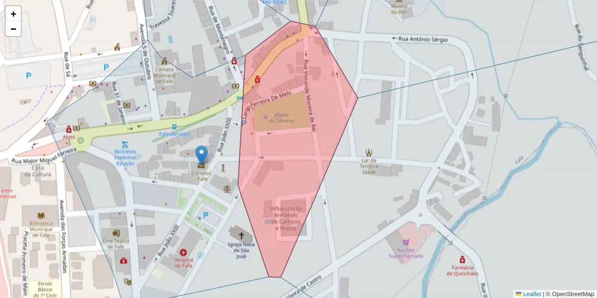 Mapa detalhado do código postal 4820-261 com limites, códigos postais vizinhos e agências dos correios