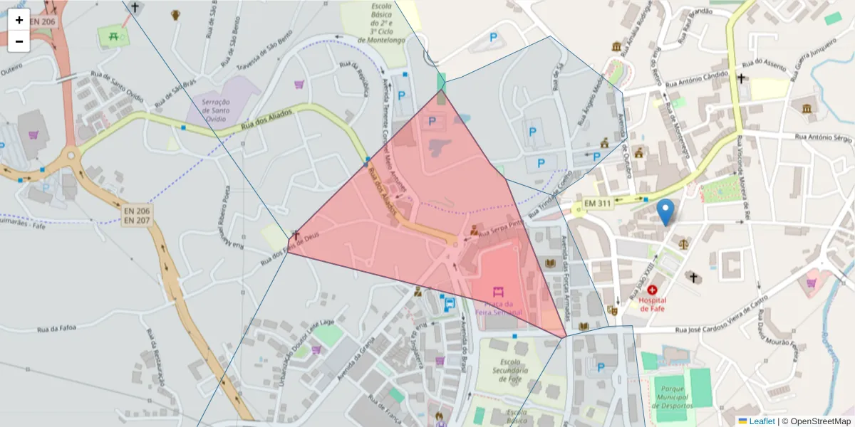 Mapa detalhado do código postal 4820-285 com limites, códigos postais vizinhos e agências dos correios
