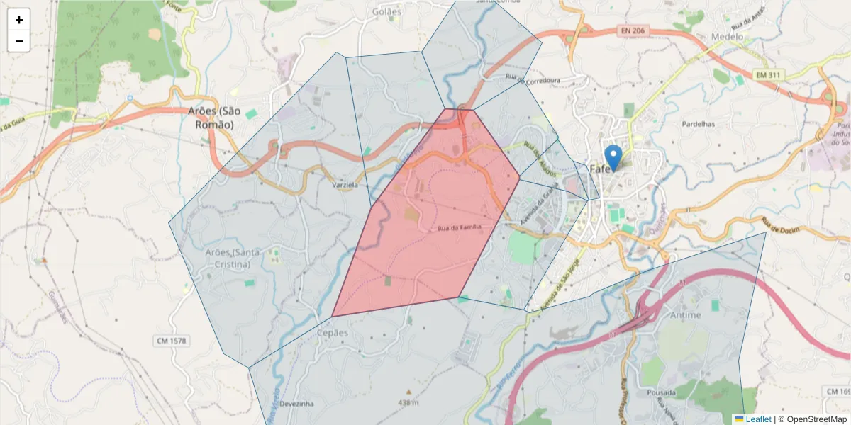 Mapa detalhado do código postal 4820-389 com limites, códigos postais vizinhos e agências dos correios