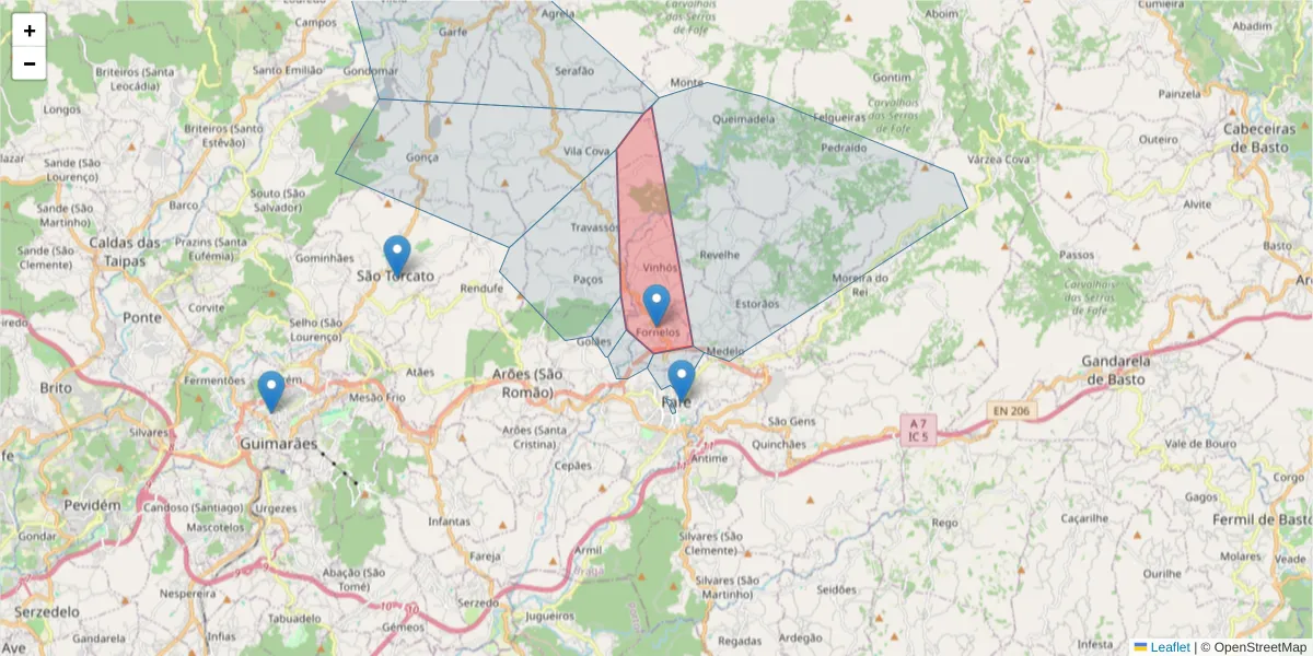 Mapa detalhado do código postal 4820-412 com limites, códigos postais vizinhos e agências dos correios