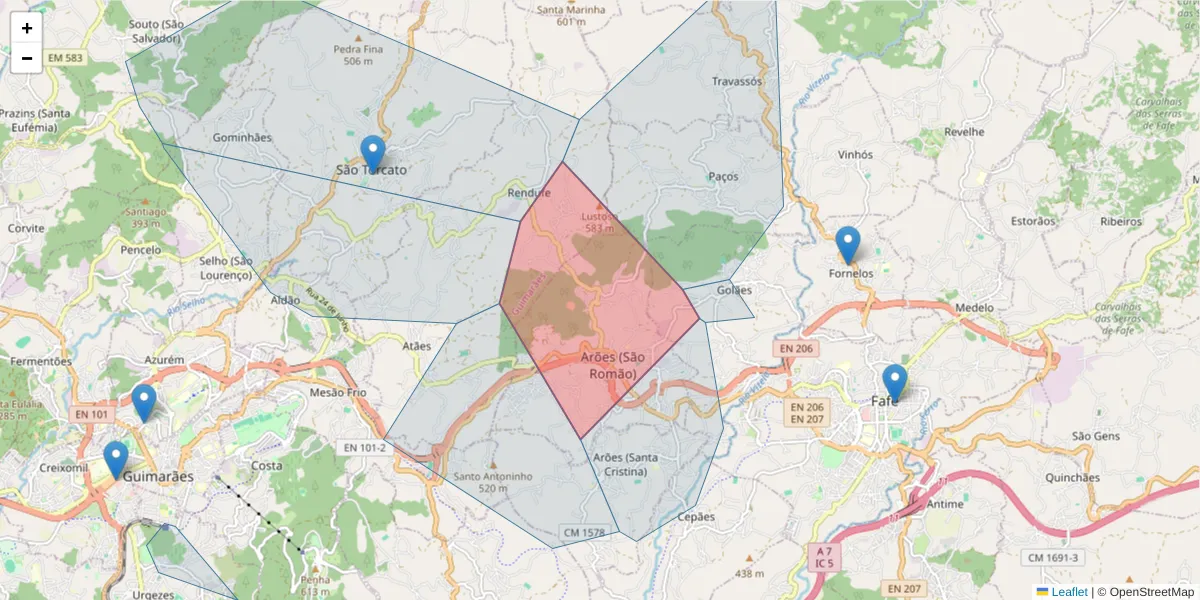 Mapa detalhado do código postal 4820-457 com limites, códigos postais vizinhos e agências dos correios