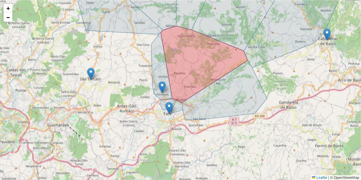 Mapa detalhado do código postal 4820-500 com limites, códigos postais vizinhos e agências dos correios