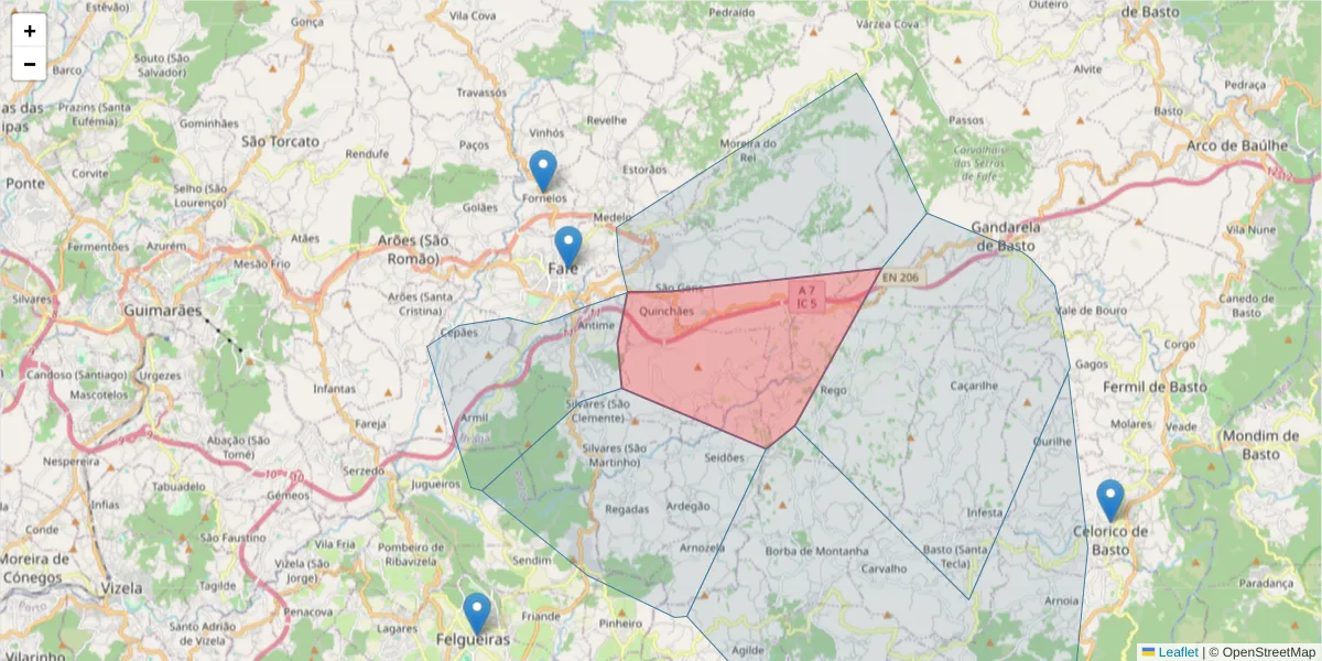 Mapa detalhado do código postal 4820-582 com limites, códigos postais vizinhos e agências dos correios