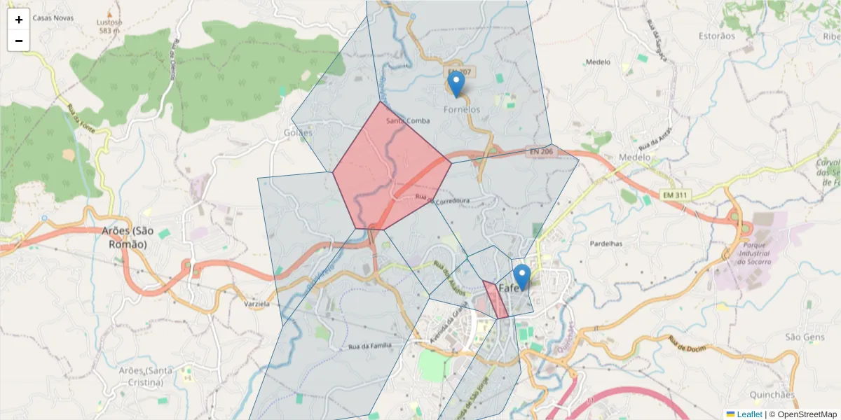 Mapa detalhado do código postal 4820 com limites, códigos postais vizinhos e agências dos correios