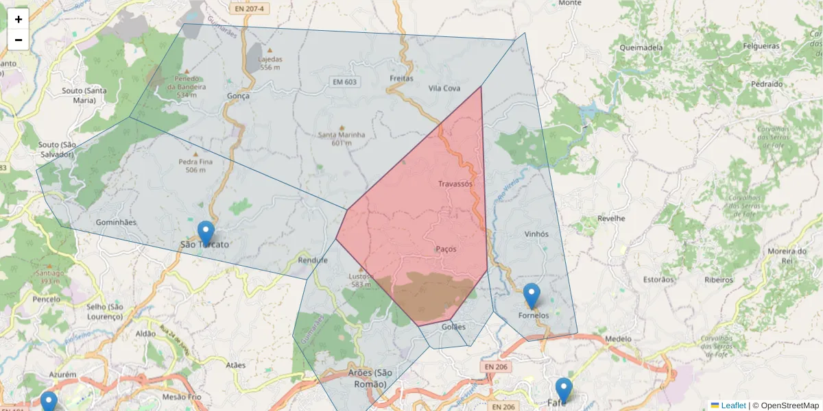 Mapa detalhado do código postal 4820459 com limites, códigos postais vizinhos e agências dos correios