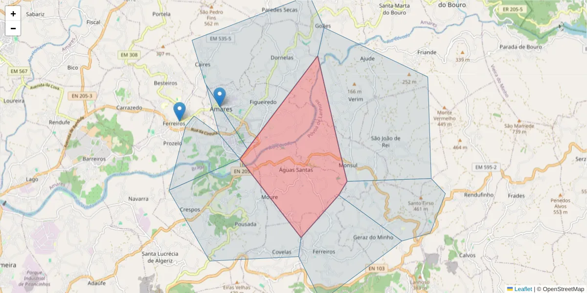 Mapa detalhado do código postal 4830-004 com limites, códigos postais vizinhos e agências dos correios