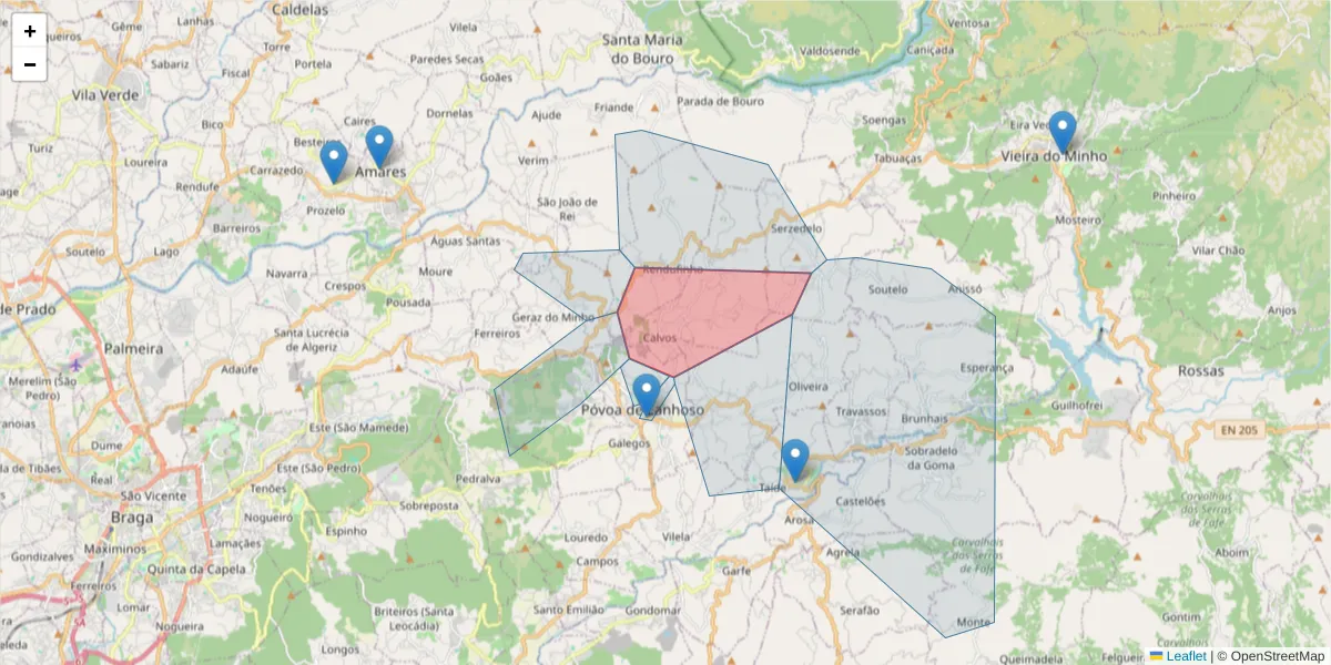 Mapa detalhado do código postal 4830-065 com limites, códigos postais vizinhos e agências dos correios