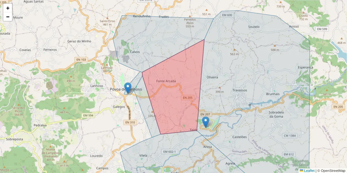 Mapa detalhado do código postal 4830-435 com limites, códigos postais vizinhos e agências dos correios