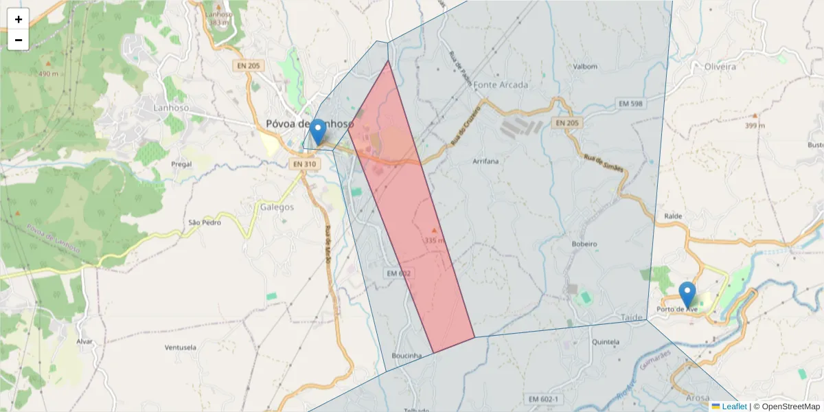 Mapa detalhado do código postal 4830-508 com limites, códigos postais vizinhos e agências dos correios