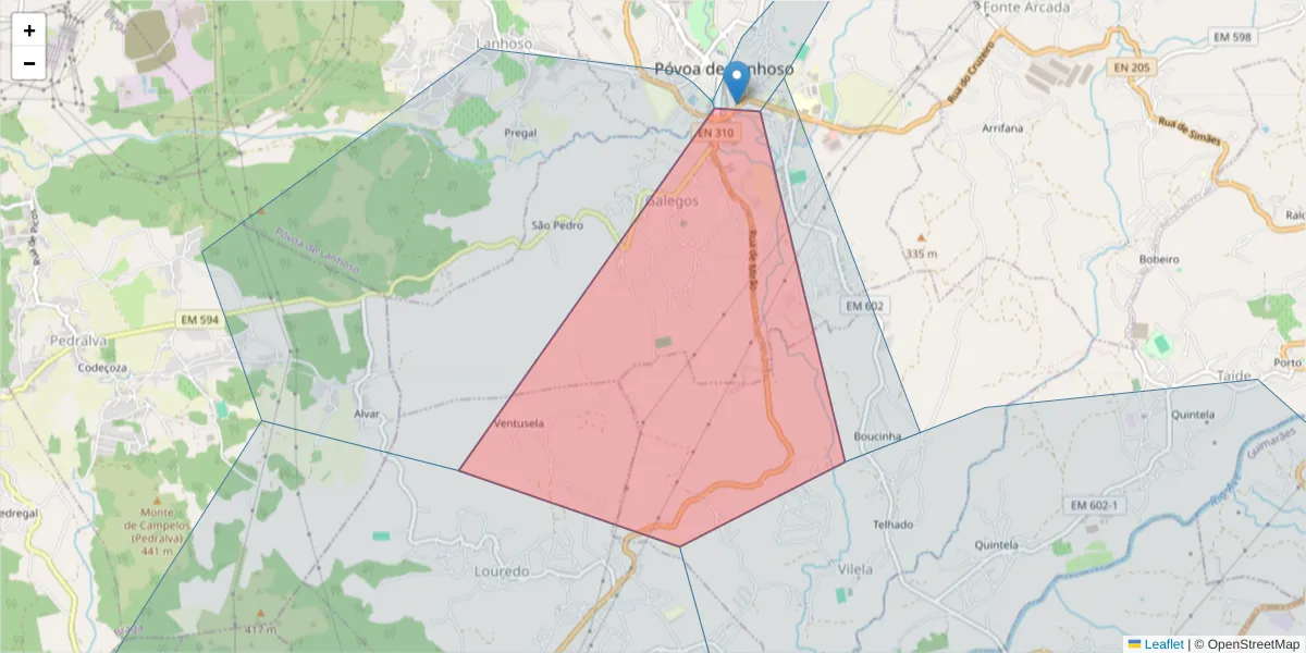 Mapa detalhado do código postal 4830-512 com limites, códigos postais vizinhos e agências dos correios