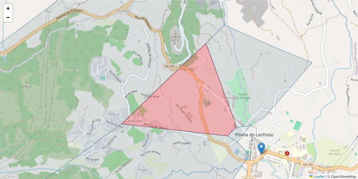 Mapa detalhado do código postal 4830-542 com limites, códigos postais vizinhos e agências dos correios