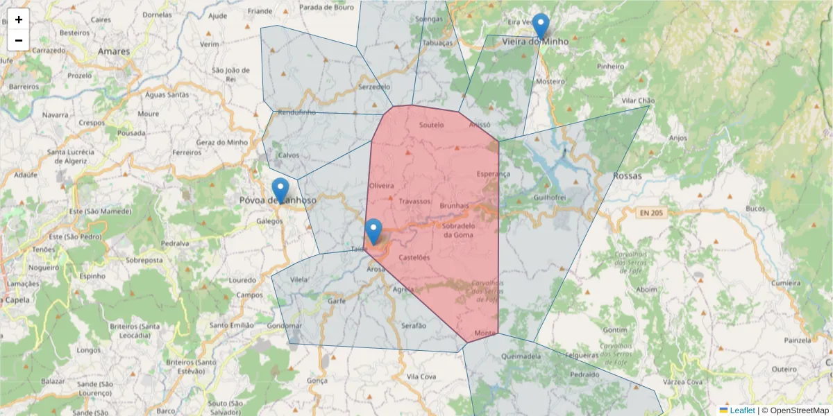Mapa detalhado do código postal 4830-771 com limites, códigos postais vizinhos e agências dos correios