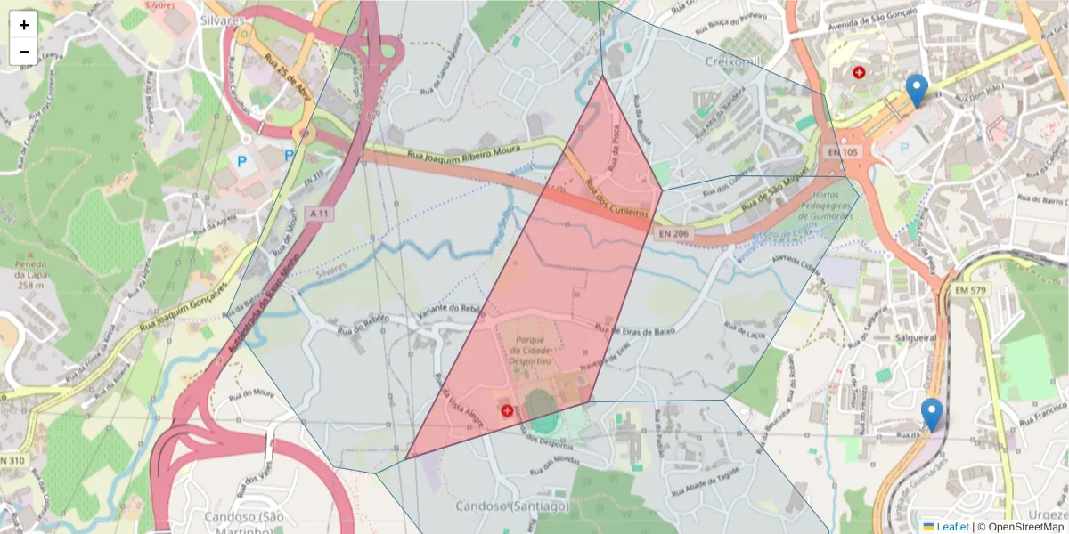 Mapa detalhado do código postal 4835-044 com limites, códigos postais vizinhos e agências dos correios