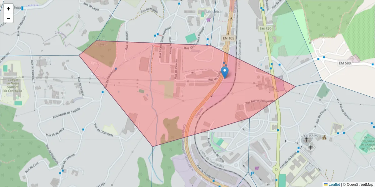 Mapa detalhado do código postal 4835-061 com limites, códigos postais vizinhos e agências dos correios