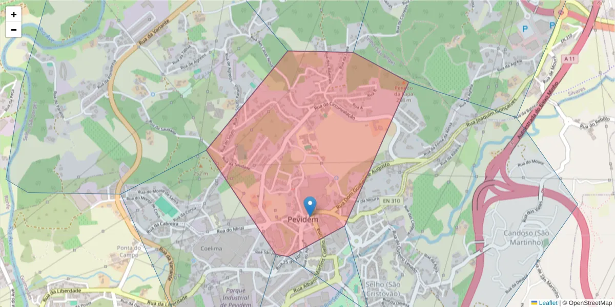 Mapa detalhado do código postal 4835-302 com limites, códigos postais vizinhos e agências dos correios
