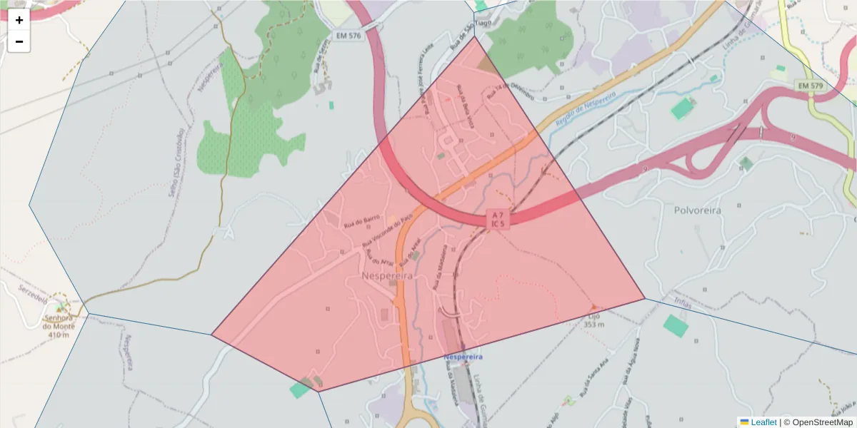 Mapa detalhado do código postal 4835-517 Nespereira - Guimarães com limites, códigos postais vizinhos e agências dos correios