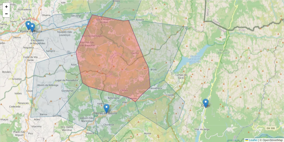 Mapa detalhado do código postal 4840-070 com limites, códigos postais vizinhos e agências dos correios