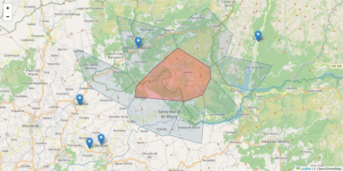 Mapa detalhado do código postal 4840-110 com limites, códigos postais vizinhos e agências dos correios