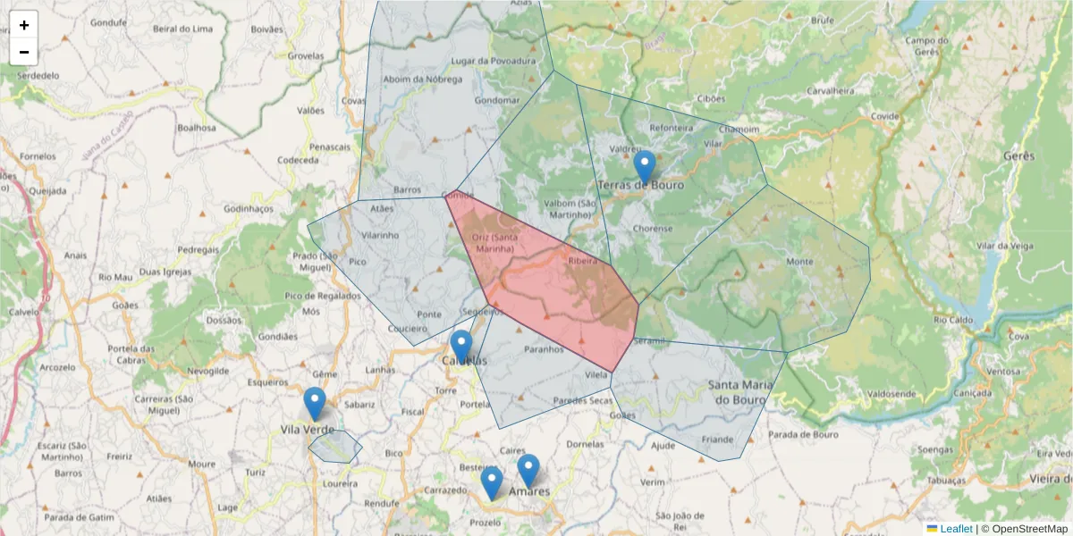 Mapa detalhado do código postal 4840-130 com limites, códigos postais vizinhos e agências dos correios