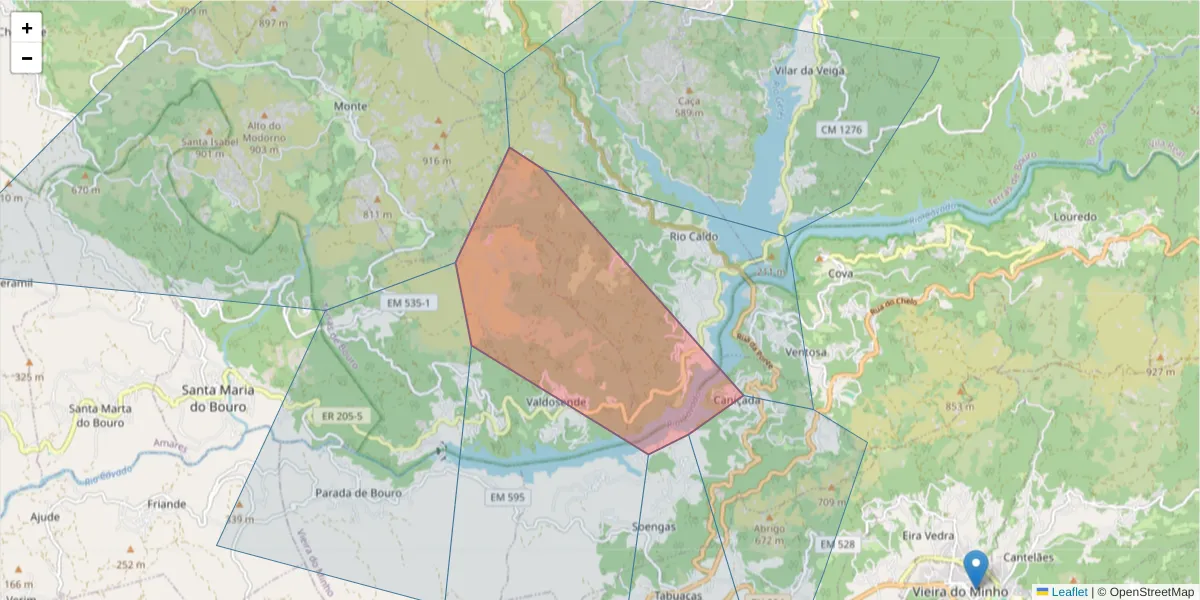 Mapa detalhado do código postal 4845-021 com limites, códigos postais vizinhos e agências dos correios