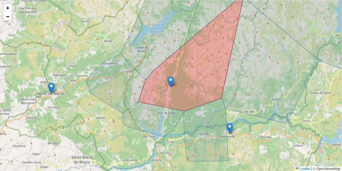 Mapa detalhado do código postal 4845-067 com limites, códigos postais vizinhos e agências dos correios