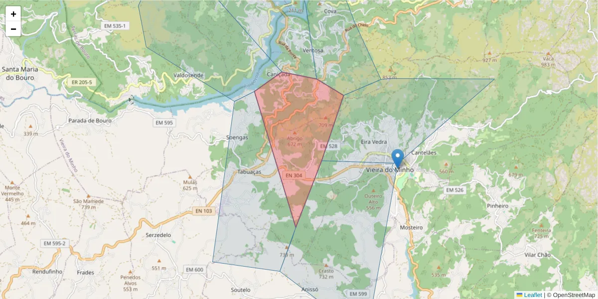 Mapa detalhado do código postal 4850-054 com limites, códigos postais vizinhos e agências dos correios
