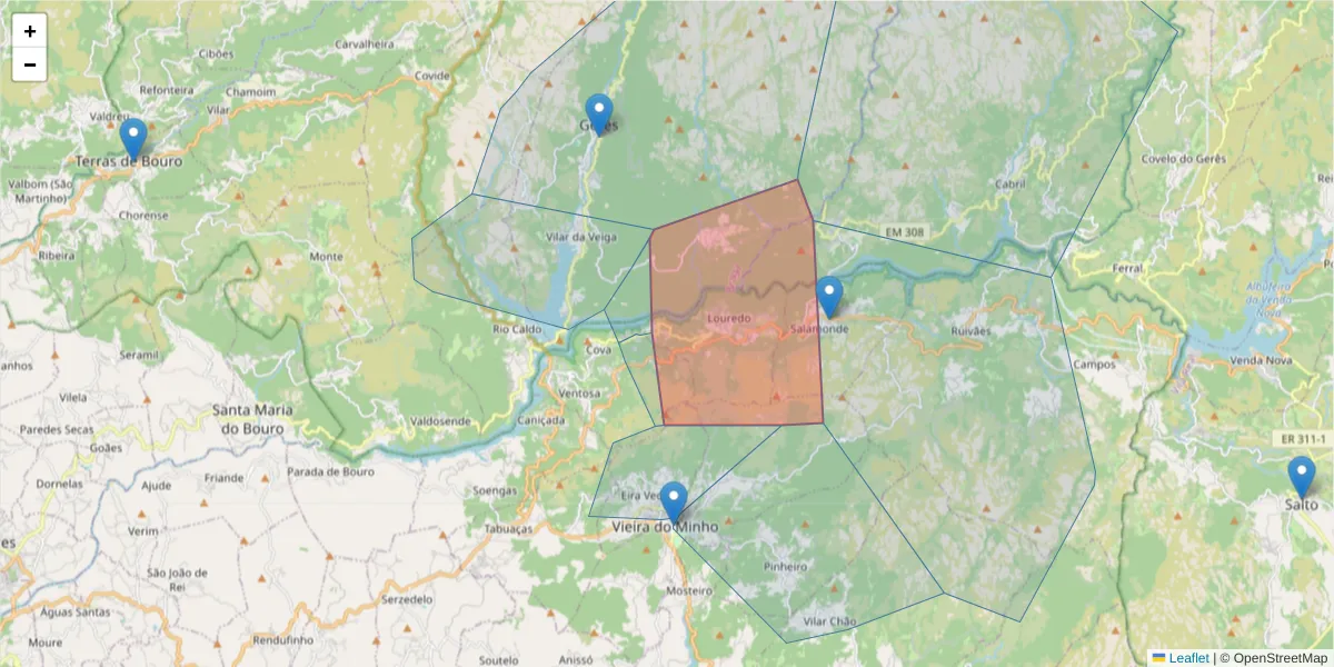 Mapa detalhado do código postal 4850-215 com limites, códigos postais vizinhos e agências dos correios