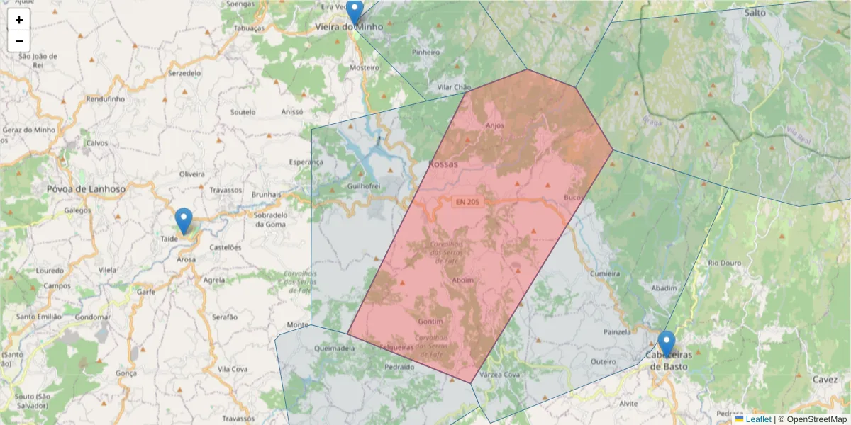 Mapa detalhado do código postal 4850-311 com limites, códigos postais vizinhos e agências dos correios