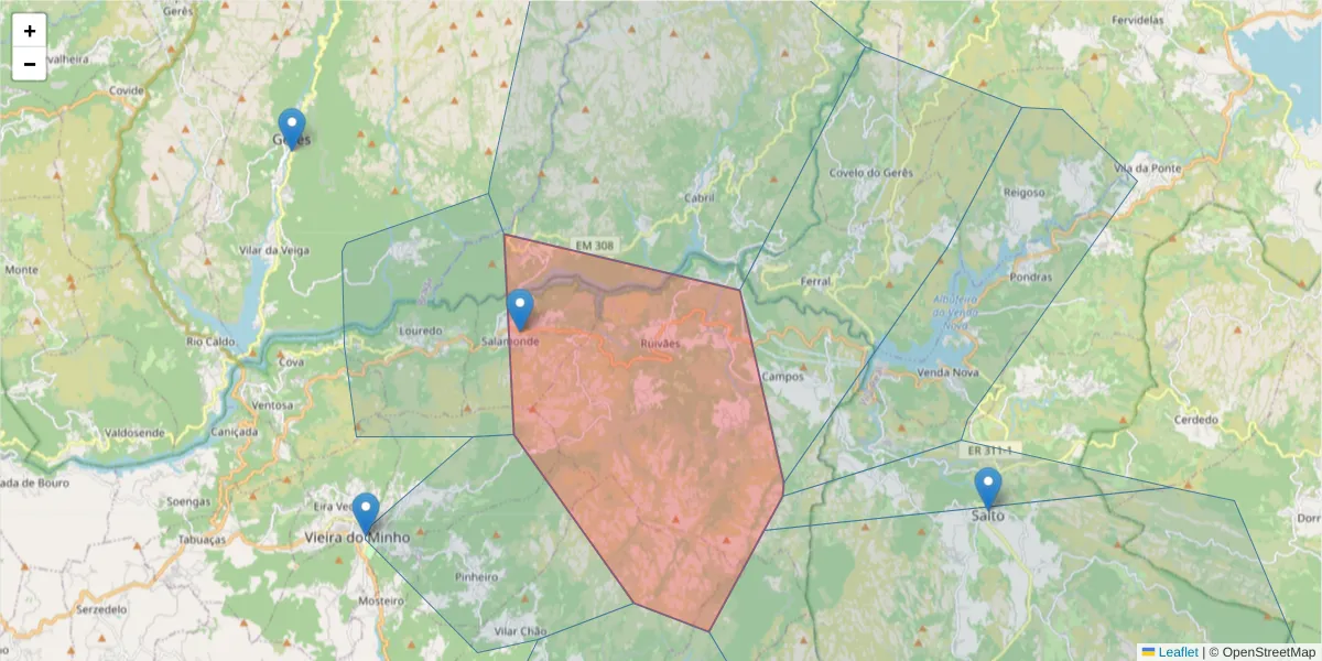 Mapa detalhado do código postal 4850-336 com limites, códigos postais vizinhos e agências dos correios