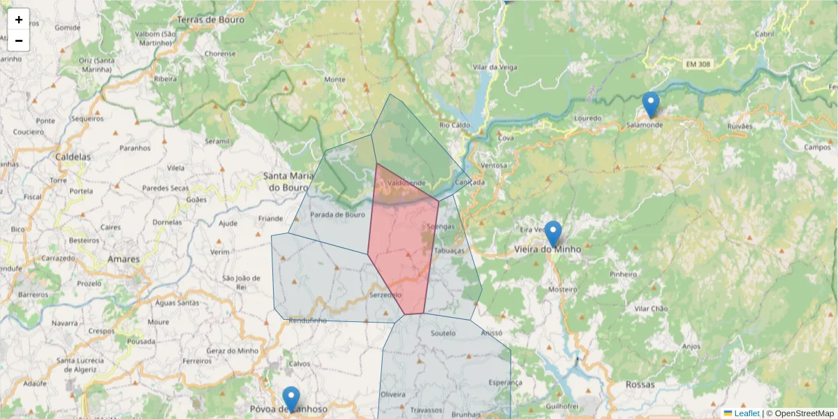 Mapa detalhado do código postal 4850-503 com limites, códigos postais vizinhos e agências dos correios