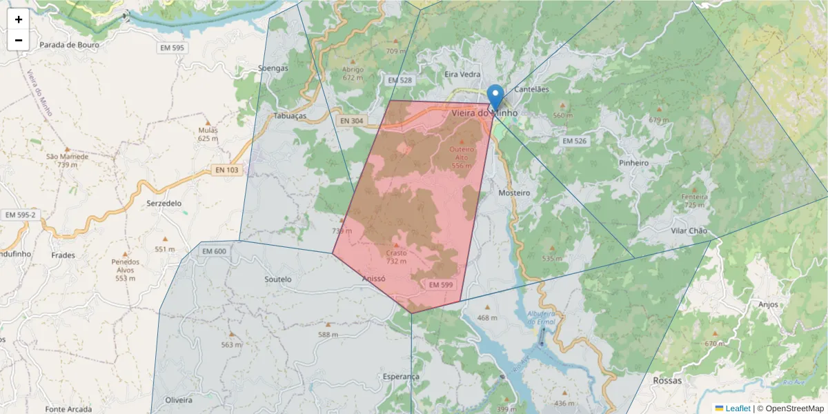 Mapa detalhado do código postal 4850-521 com limites, códigos postais vizinhos e agências dos correios
