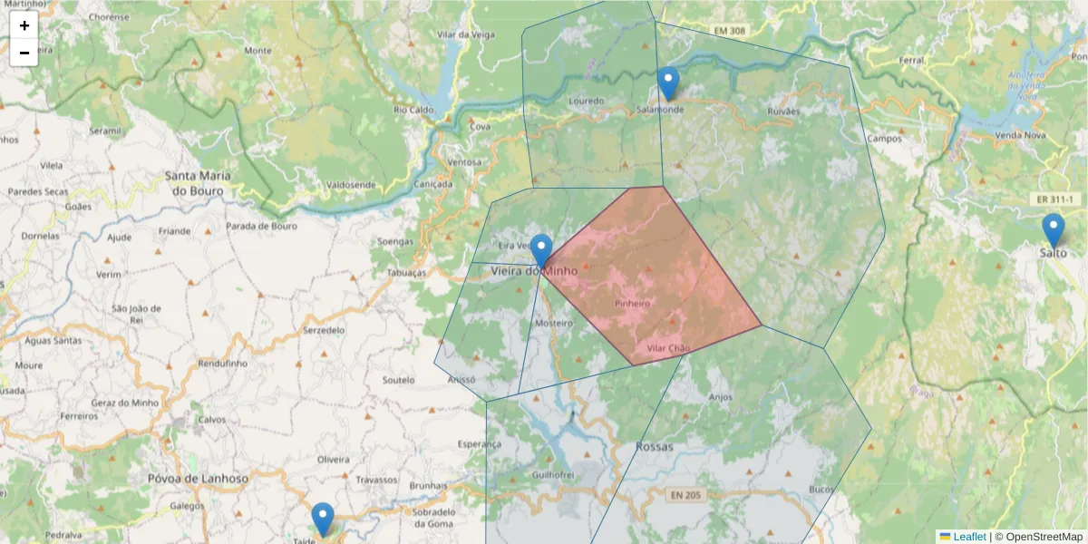 Mapa detalhado do código postal 4850-527 com limites, códigos postais vizinhos e agências dos correios