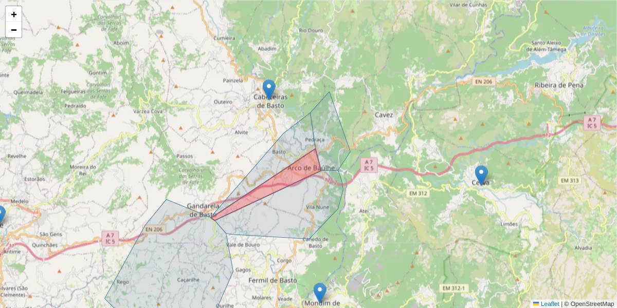 Mapa detalhado do código postal 4860-041 com limites, códigos postais vizinhos e agências dos correios