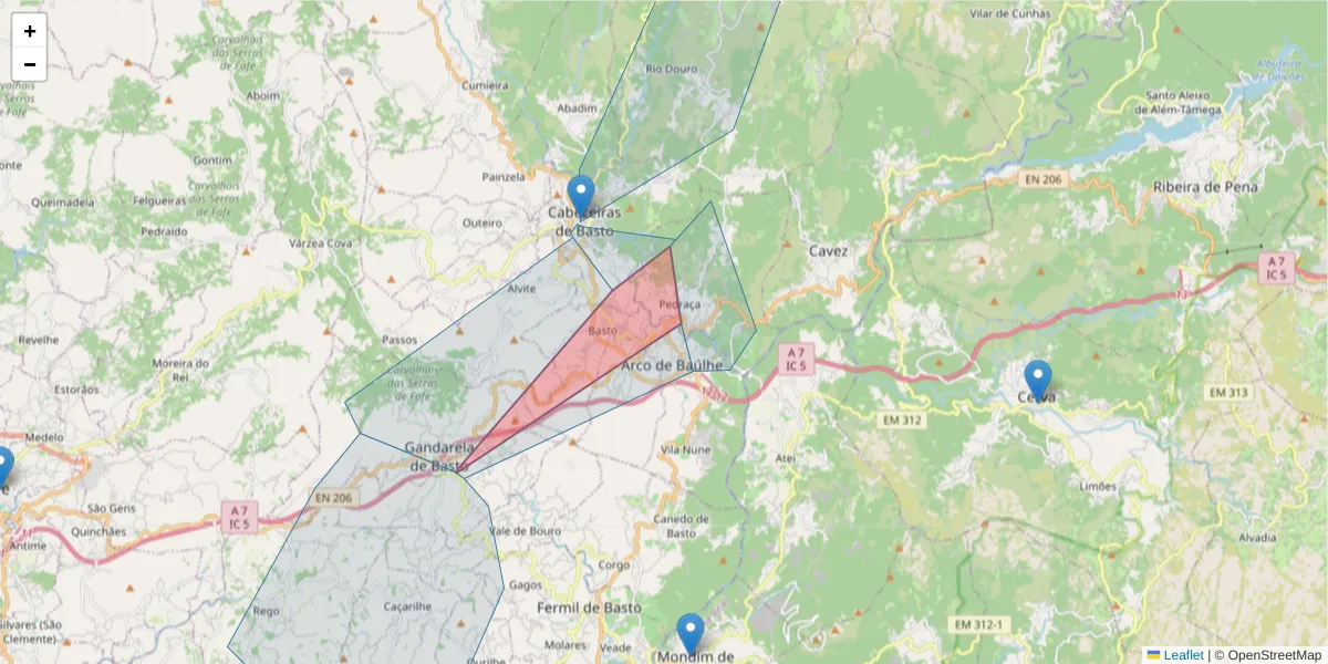 Mapa detalhado do código postal 4860-083 com limites, códigos postais vizinhos e agências dos correios