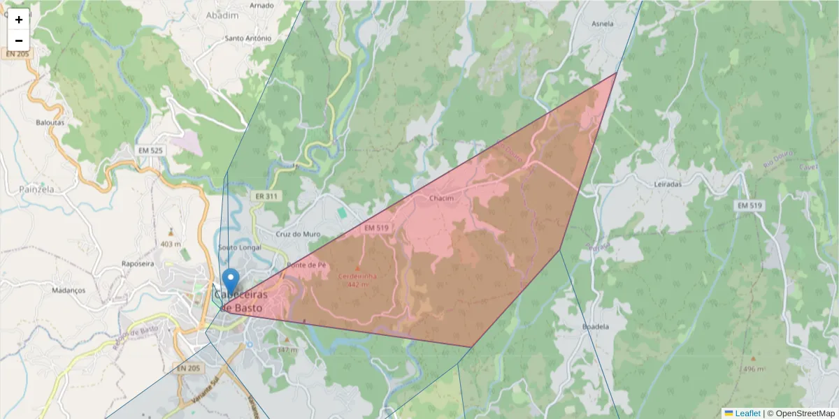 Mapa detalhado do código postal 4860-407 com limites, códigos postais vizinhos e agências dos correios