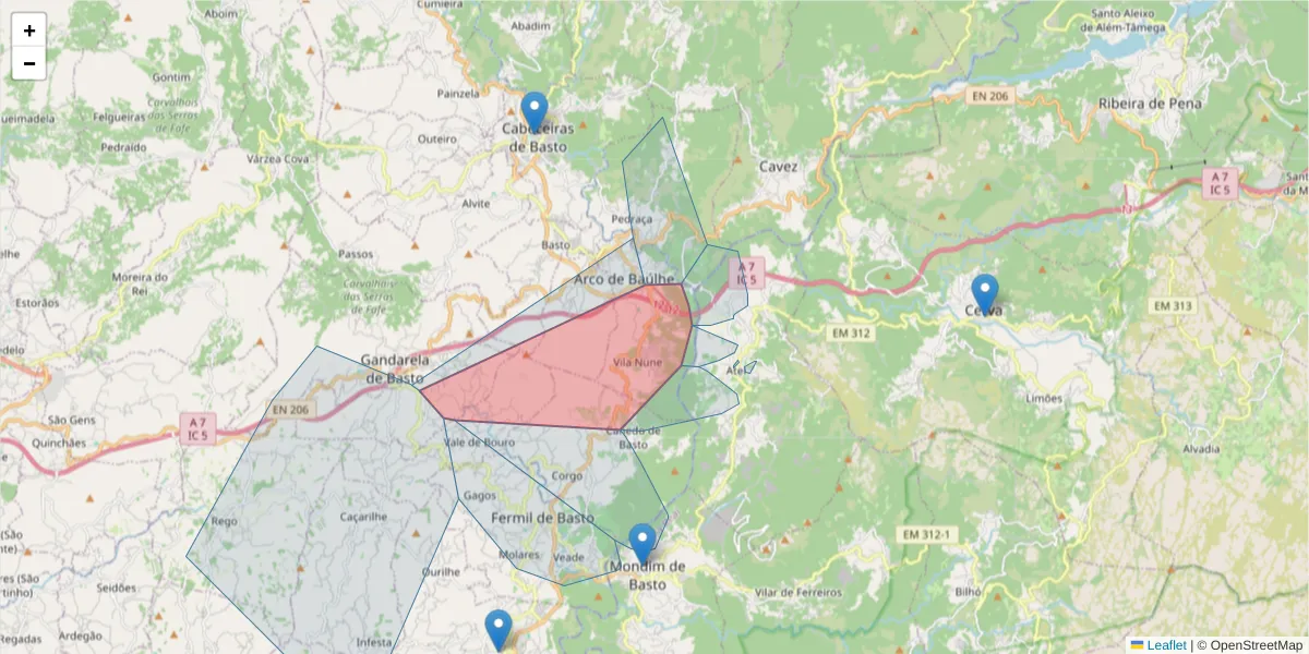 Mapa detalhado do código postal 4860-453 com limites, códigos postais vizinhos e agências dos correios