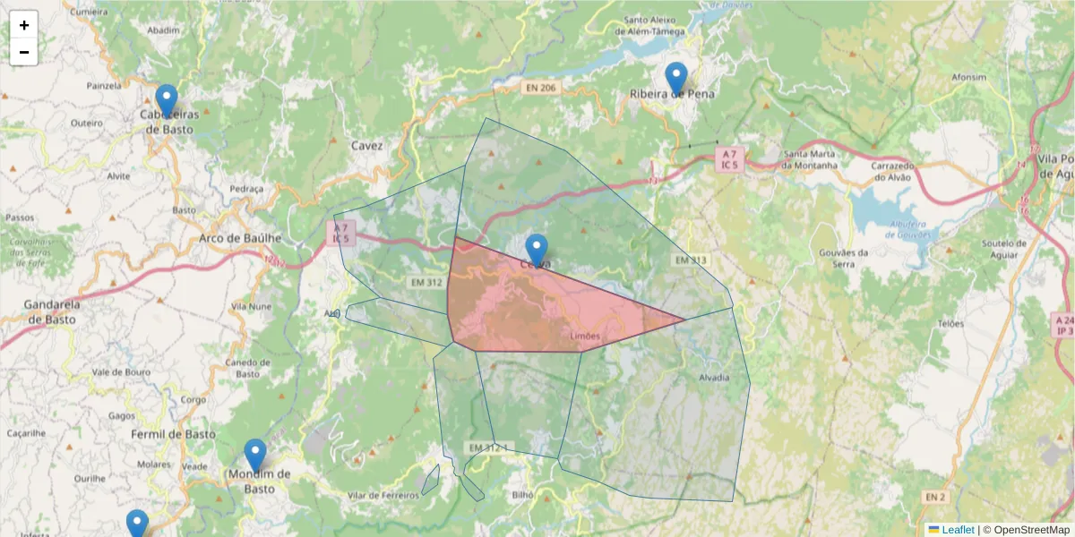 Mapa detalhado do código postal 4870-042 com limites, códigos postais vizinhos e agências dos correios