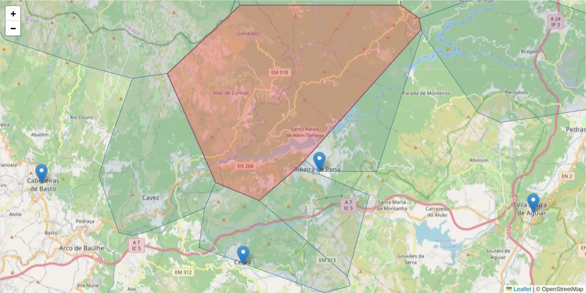 Mapa detalhado do código postal 4870-122 com limites, códigos postais vizinhos e agências dos correios