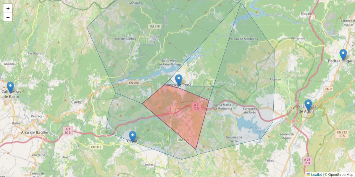 Mapa detalhado do código postal 4870-162 com limites, códigos postais vizinhos e agências dos correios