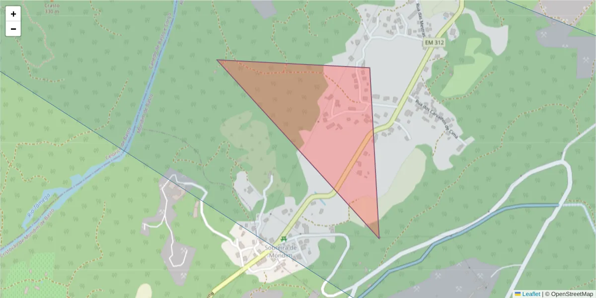 Mapa detalhado do código postal 4880-020 com limites, códigos postais vizinhos e agências dos correios