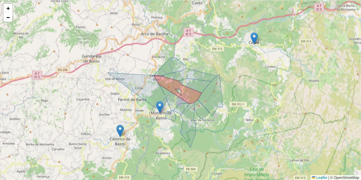 Mapa detalhado do código postal 4880-021 com limites, códigos postais vizinhos e agências dos correios