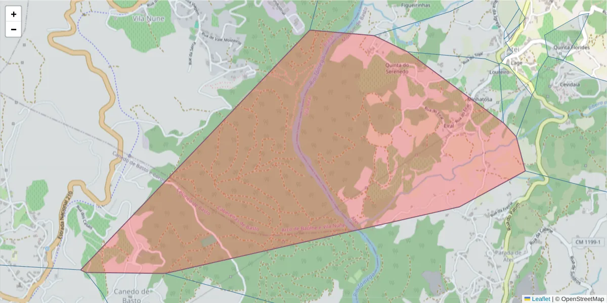 Mapa detalhado do código postal 4880-030 com limites, códigos postais vizinhos e agências dos correios
