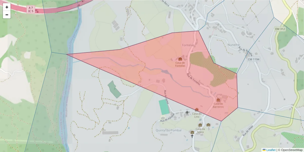 Mapa detalhado do código postal 4880-034 com limites, códigos postais vizinhos e agências dos correios