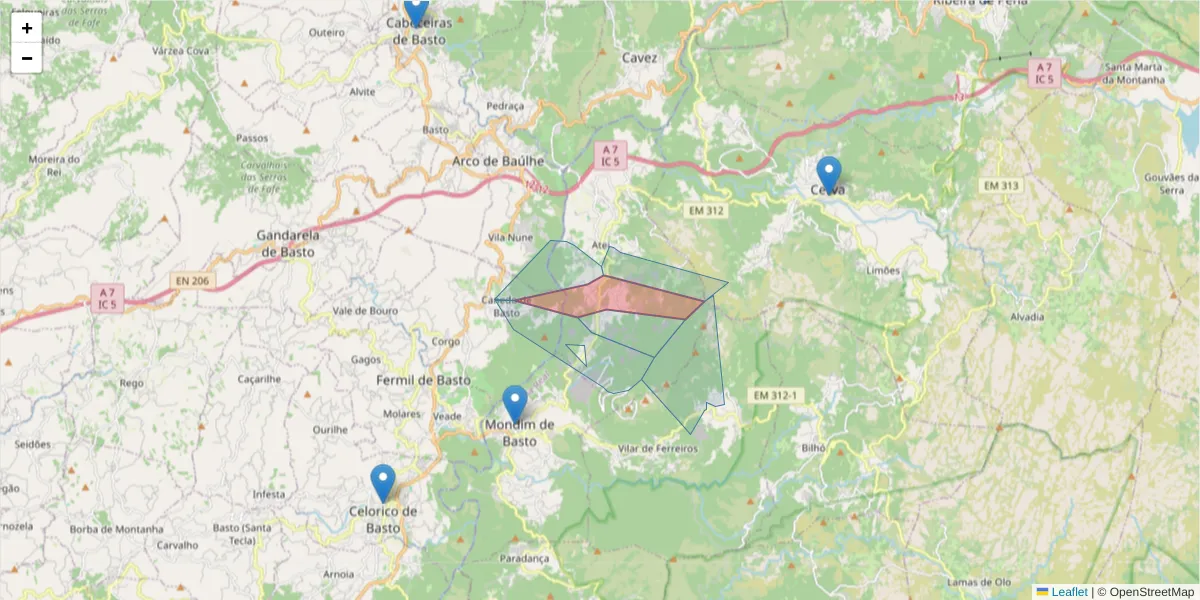 Mapa detalhado do código postal 4880-043 com limites, códigos postais vizinhos e agências dos correios