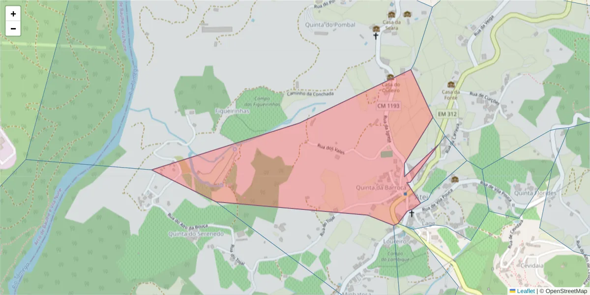 Mapa detalhado do código postal 4880-046 com limites, códigos postais vizinhos e agências dos correios