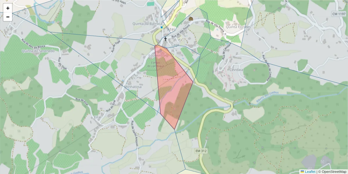 Mapa detalhado do código postal 4880-052 com limites, códigos postais vizinhos e agências dos correios