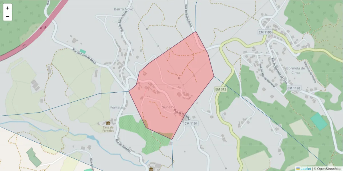 Mapa detalhado do código postal 4880-056 com limites, códigos postais vizinhos e agências dos correios