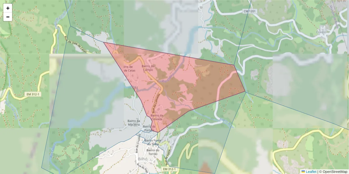 Mapa detalhado do código postal 4880-072 com limites, códigos postais vizinhos e agências dos correios
