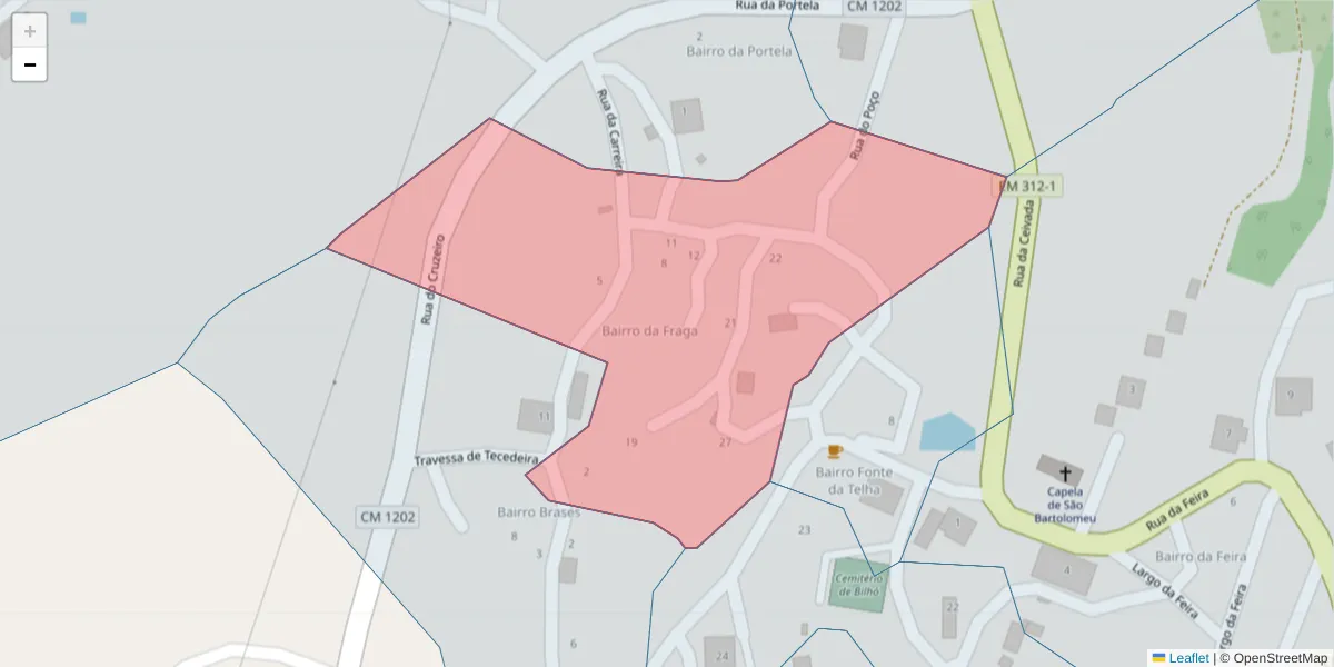 Mapa detalhado do código postal 4880-075 com limites, códigos postais vizinhos e agências dos correios