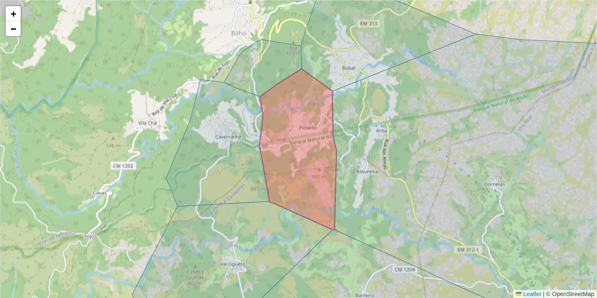 Mapa detalhado do código postal 4880-084 com limites, códigos postais vizinhos e agências dos correios